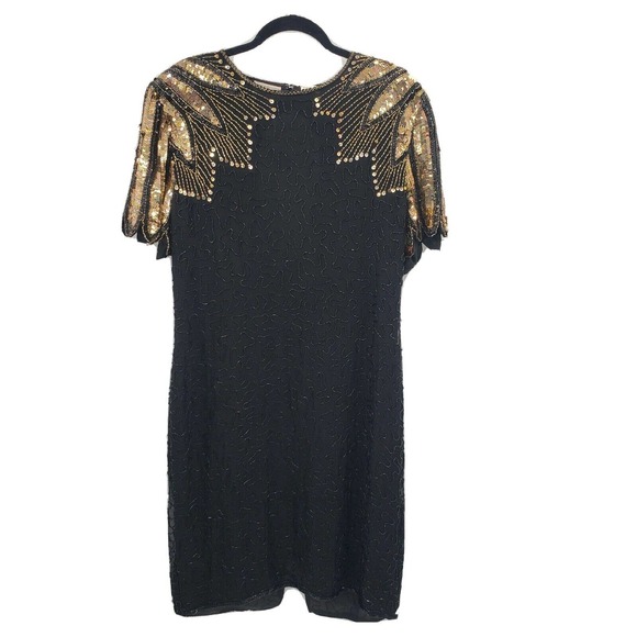 Stenay Dresses & Skirts - Vintage Stenay Beaded Cocktail Dress Womens Size 16 Silk Black Gold Sequins
